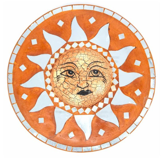 Add a little sunshine with this gorgeous mosaic style mirror with sun design. Painted in rich earthy tones, this piece of wall art features a rustic, distressed face with delicately cut mirrored pieces. Ideal to bright up any room in your home.