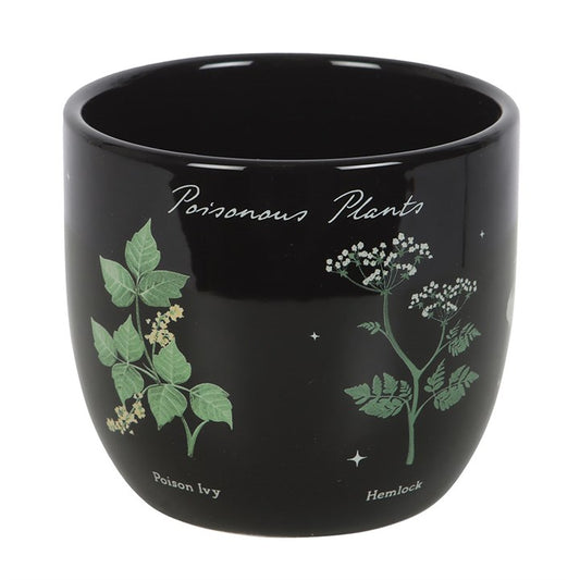 Bring a touch of dark enchantment to your space with this ceramic plant pot, adorned with an alluring array of poisonous plants. Featuring poison ivy, hemlock, deadly nightshade, angel's trumpet, poison oak, wolfsbane, and foxglove, it’s a perfect gift for those who cherish indoor gardens and a captivating addition to any mystical home.