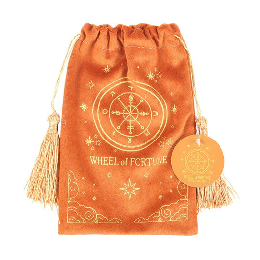 A soft tan velvet drawstring bag featuring a gold printed The Wheel tarot card design. Ideal for storing tarot decks, crystals, or small accessories.