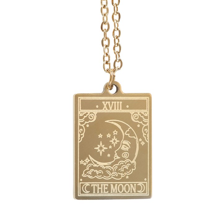 This gold-toned pendant necklace features The Moon tarot card design, symbolising intuition and wisdom. Presented on a beautifully illustrated greeting card, it makes a thoughtful gift for tarot lovers and celebrating life’s precious moments.