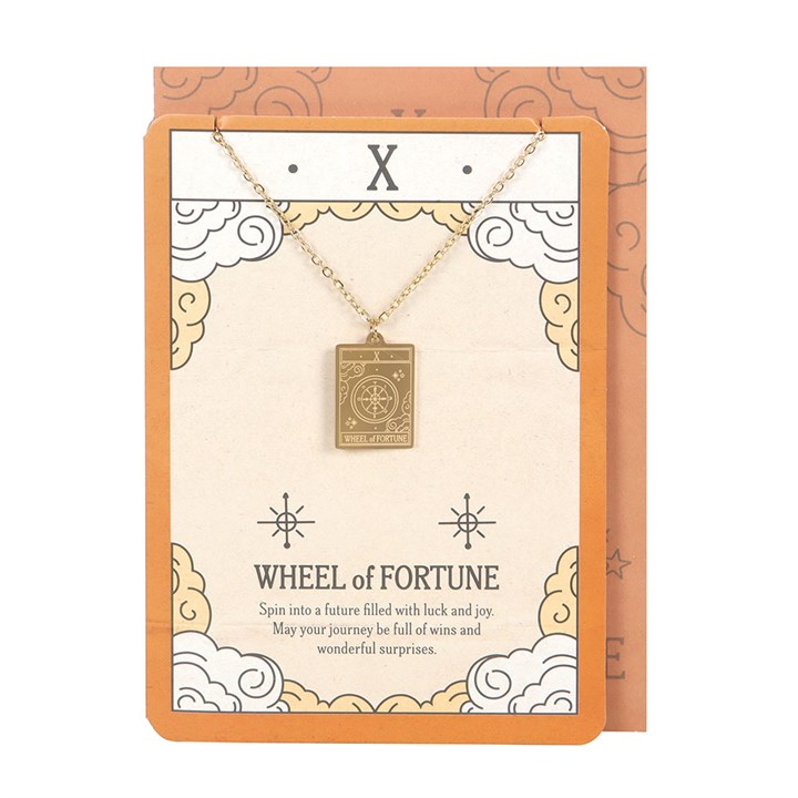 Necklace with 'Wheel of Fortune' pendant on a decorative card