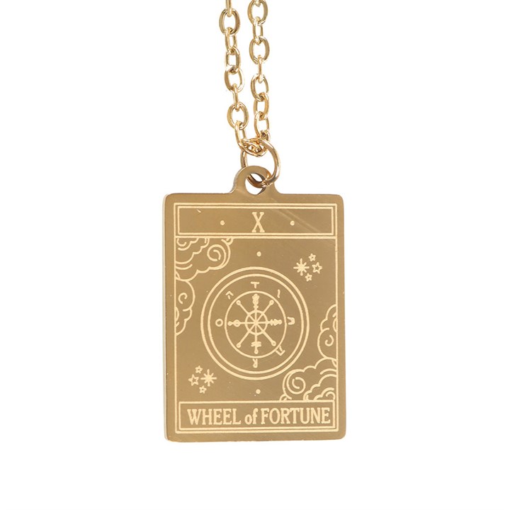 Gold pendant with 'Wheel of Fortune' design on a white background