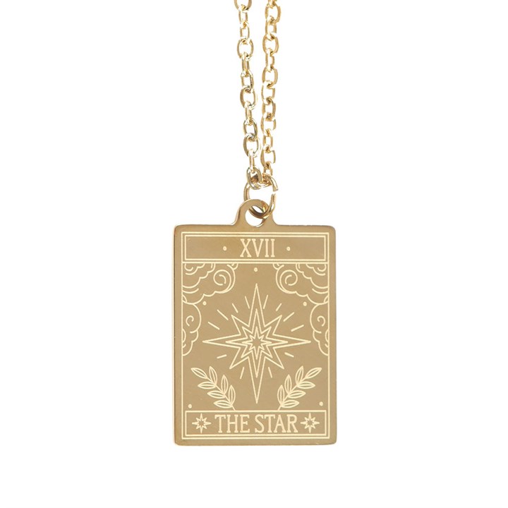 Gold necklace with 'The Star' tarot card pendant on a white background