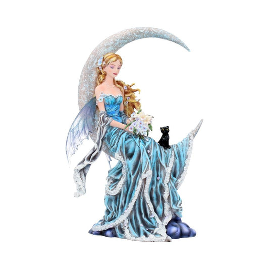 From Nene Thomas, this enchanting Moon Fairy figurine is sitting on the curve of a crescent moon, deep in thought, her delicate blue wings hanging despondently behind her.&nbsp; She holds a beautiful bouquet of blue, yellow and white flowers, her long blue dress hanging down in voluptuous folds, trimmed with delicate white lace looking almost like a sea of white foam. Dainty flowers are fixed in her long blonde hair, flowing gently in the breeze.