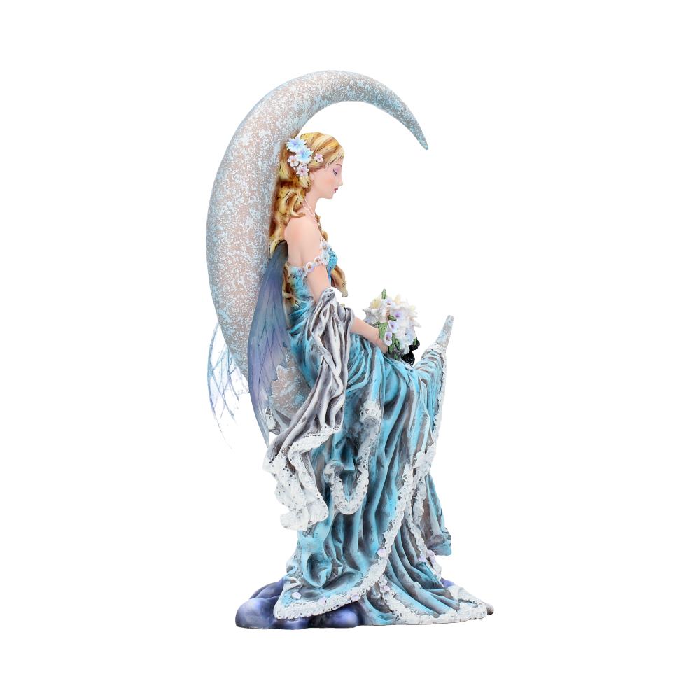 Decorative figurine of a fairy with a blue dress and white wings on a white background