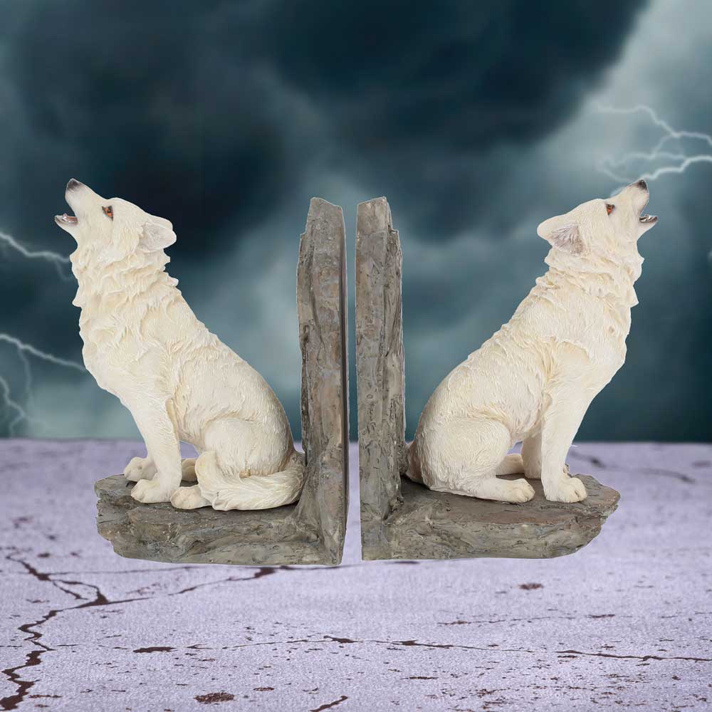 Wolf bookends with a stormy background