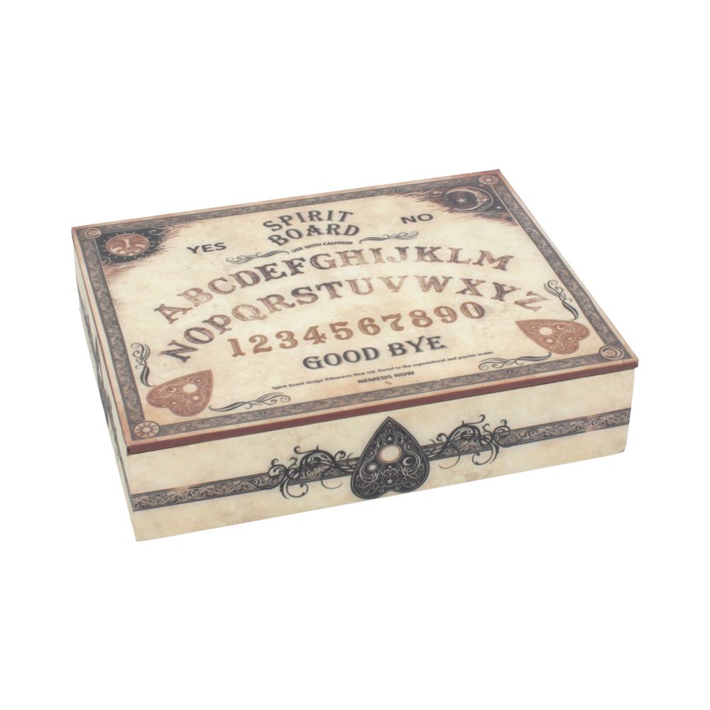 Gothic antique spirit board jewellery box with 9 compartments and mirror. Ouija-style storage for rings, necklaces and accessories.