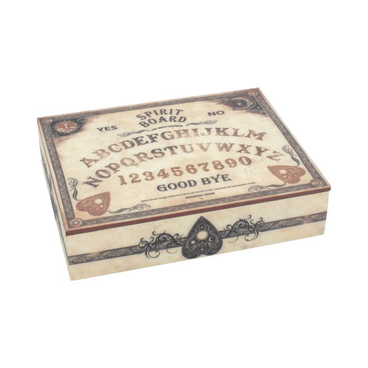 Gothic antique spirit board jewellery box with 9 compartments and mirror. Ouija-style storage for rings, necklaces and accessories.