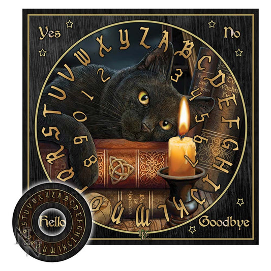 Step beyond the veil with the Witching Hour Spirit Board by the enchanted hand of Lisa Parker. This beautifully adorned board is a sacred vessel, perfect for communing with the unseen or diving deep into your own mystic soul.

Framed in a wood-like design, the circular board is marked with the sacred alphabet, numbers 0–9, and elemental words: Yes, No, Hello, and Goodbye. At its heart, a mysterious black cat rests atop ancient, leather-bound grimoires, gazing into your spirit with knowing eyes. A dying cand