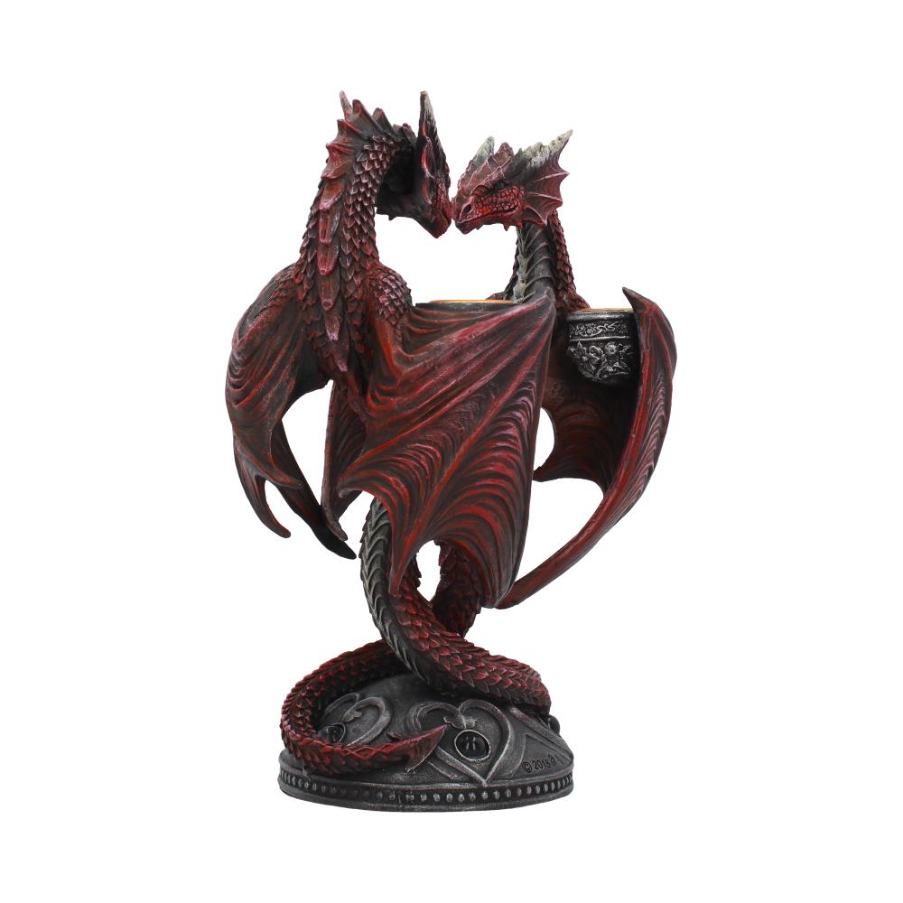 Anne Stokes Dragon Heart romantic gothic candle holder, 23cm. Cast in top-quality resin and hand-painted with intricate red and black dragon detailing.