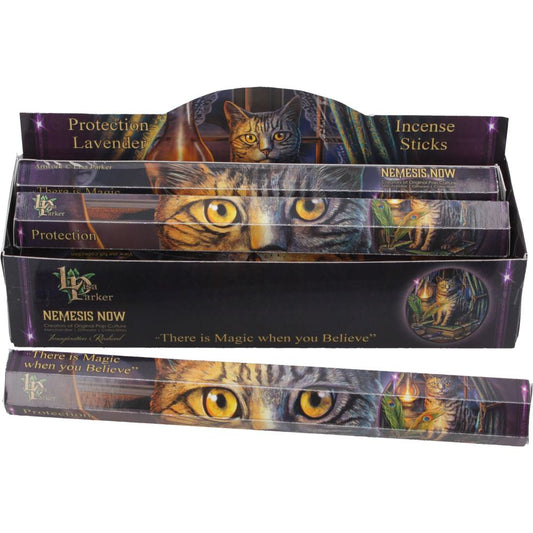 Ward off unwanted energies and wrap your space in soothing calm with these Protection Incense Sticks from the magical world of Lisa Parker. Featuring her beloved Bewitched artwork — a black cat gazing into a flickering flame — this incense is a powerful blend of lavender’s protective and calming properties and enchanting visual charm.

Each tube holds 20 lavender-scented incense sticks, perfect for ritual work, cleansing, spellcasting, or simply creating a peaceful, protected atmosphere in your home or sacr