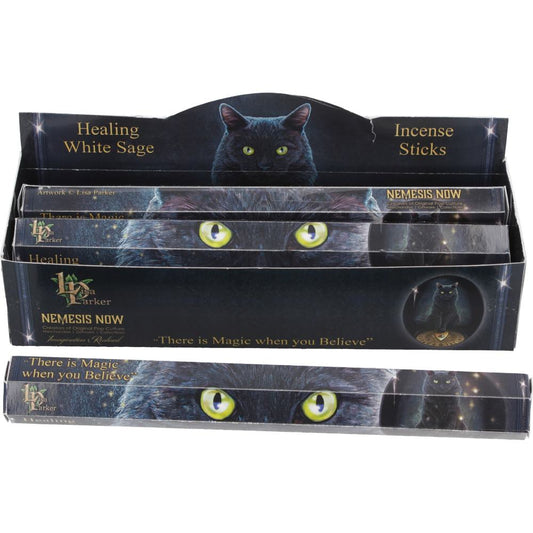 Cleanse the air and calm the soul with these Healing Incense Sticks, scented with sacred White Sage and graced by the mystical touch of Lisa Parker. Featuring her iconic Bewitched artwork — a wise black cat entranced by candlelight — this tube of incense is ideal for those who seek balance, restoration, and a return to inner stillness.

Each pack contains 1 tube of 20 white sage incense sticks, known for their purifying, healing, and protective qualities. Use in ritual, meditation, or daily practice to crea
