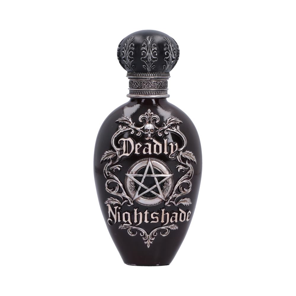 A dark, gothic-style bottle with a black body, silver ornate gothic lettering that reads 'Deadly Nightshade', and a silver pentagram emblem on the front, topped with a matching black cap featuring silver filigree.