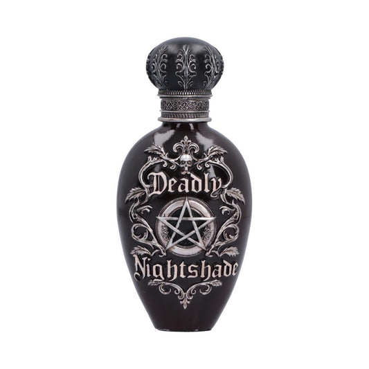 A dark, gothic-style bottle with a black body, silver ornate gothic lettering that reads 'Deadly Nightshade', and a silver pentagram emblem on the front, topped with a matching black cap featuring silver filigree.