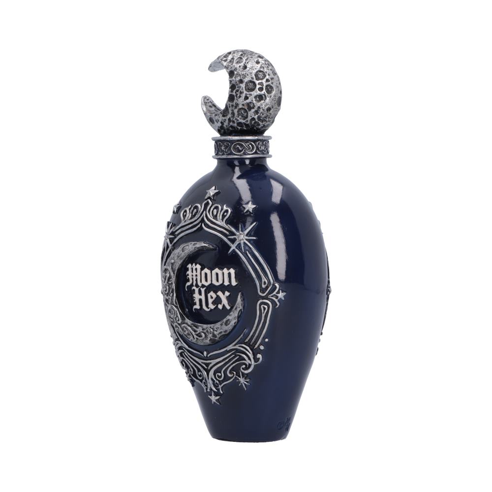 A dark blue glass bottle with a crescent moon-shaped cap, featuring silver gothic celestial illustrations and the text 'Moon Hex' on the front, set against a plain white background.