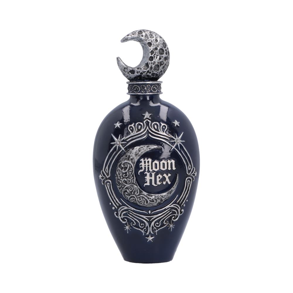 Nemesis Now Moon Hex 15.5cm gothic bottle ornament in poly resin, featuring a crescent moon stopper, celestial detailing and silver filigree.