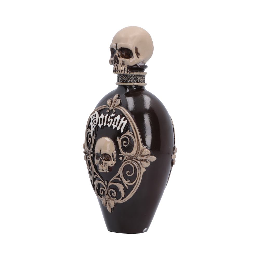A gothic-style decorative bottle with a glossy black body, featuring a skull and scrollwork design with the word 'Poison' in a gothic font, topped with a skull-shaped cap, on a white background.