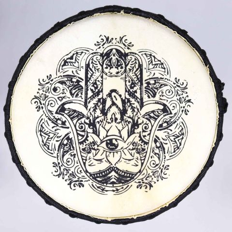 Immerse yourself in rich cultural tradition and powerful sound with our 50cm Wide Top Djembe Drum featuring a beautifully detailed Hamsa design on the skin. Handcrafted to honour the West African drumming legacy, this drum is designed to deliver deep, resonant bass tones thanks to its wider top and larger body.

The Hamsa—also known as the Hand of Fatima or Hand of Miriam—is a spiritual symbol recognised for offering protection, warding off the evil eye, and inviting good fortune. This makes the drum not on