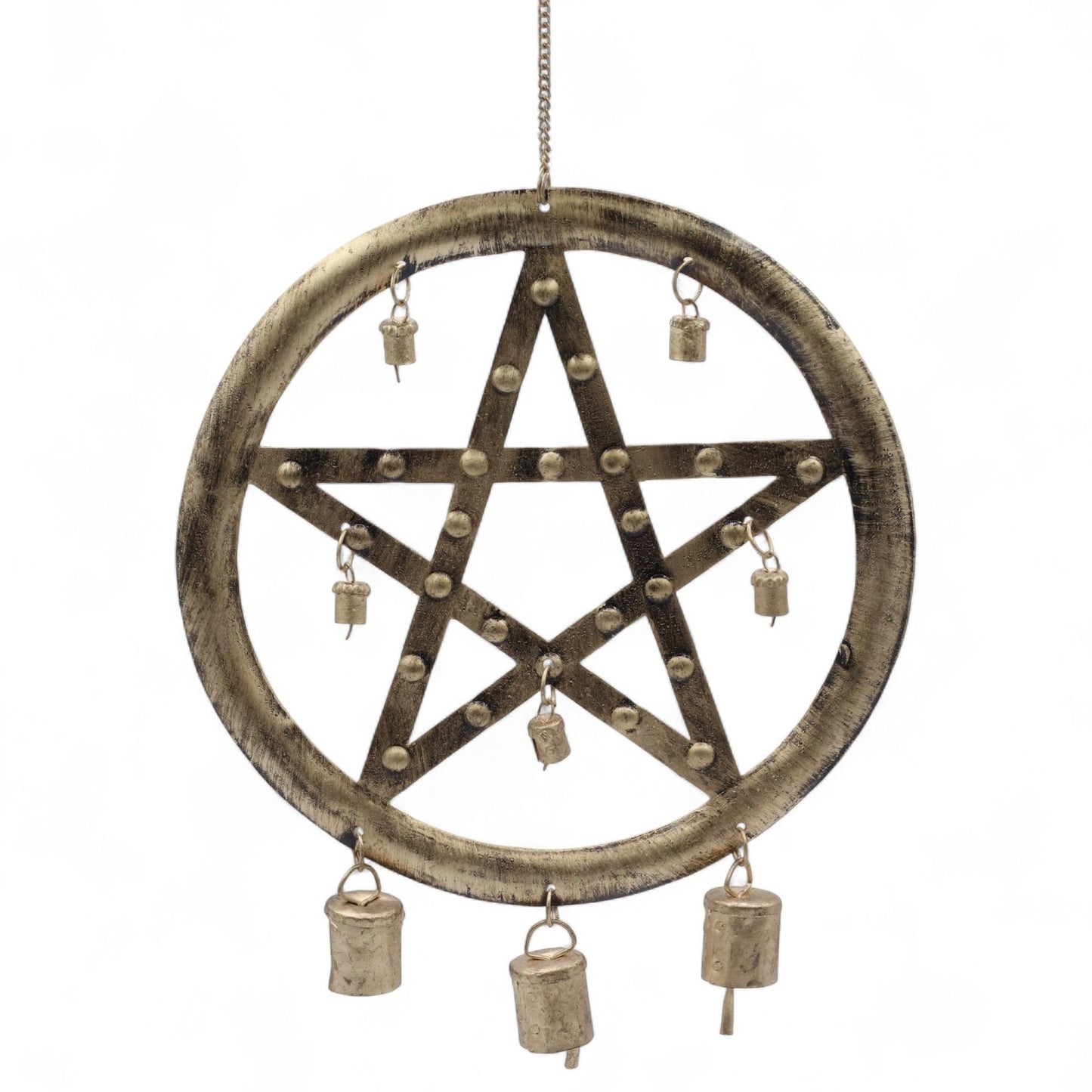Add a touch of mystical charm to your space with this handcrafted Iron Pentagon Chime from India. Measuring 25x49cm, it features a striking five-pointed star framed in a circular ring and adorned with small cow bells that produce a gentle, melodic sound.