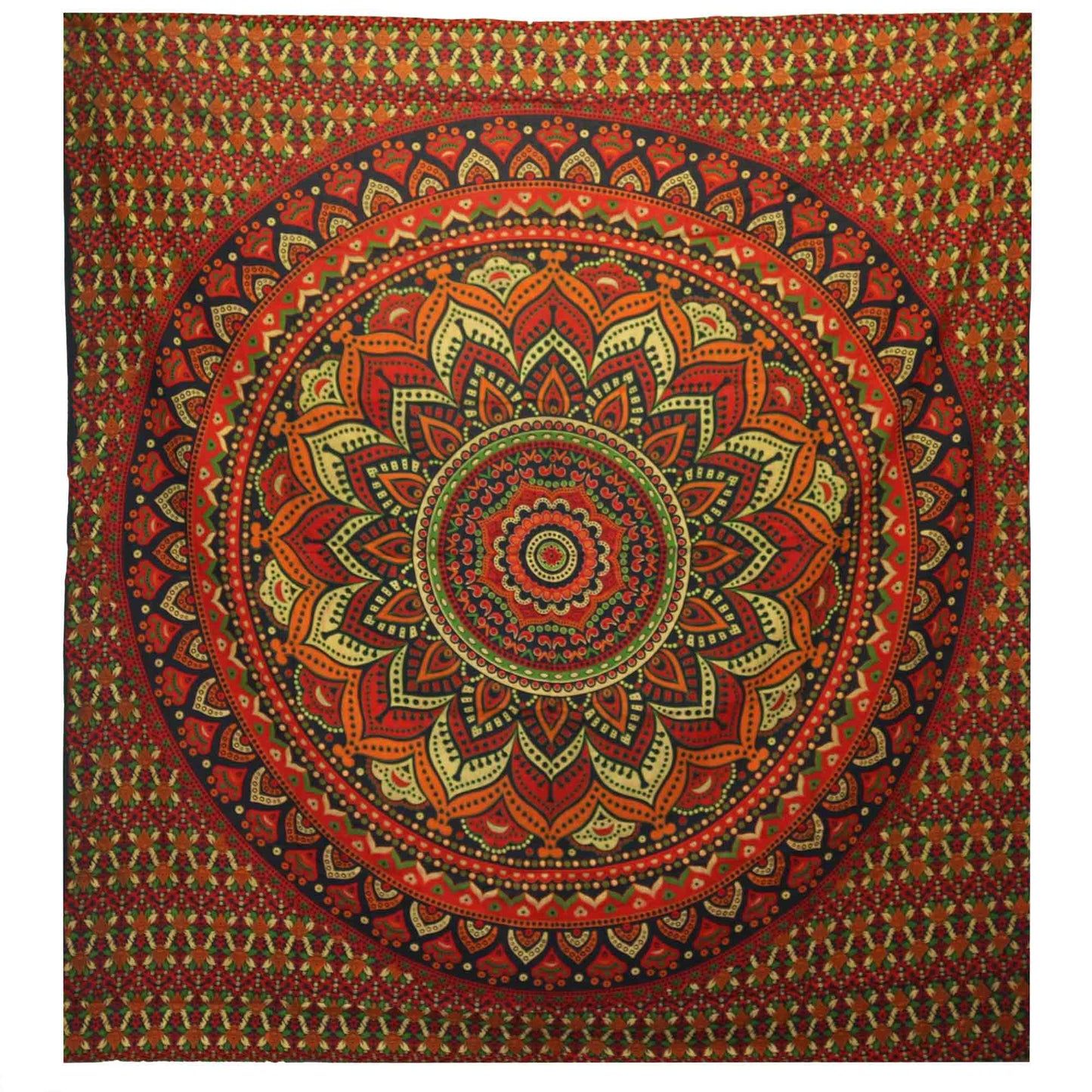 Step into a circle of calm with this Classic Mandala cotton bedspread in lush green — a sacred symbol of balance, growth, and renewal. Handwoven by skilled artisans in India, this 100% cotton textile holds the ancient geometry of the mandala, drawing energy inward to centre and ground your space.

Use it draped over your bed for nights of restful magic, or hang it behind your altar as a protective tapestry. The deep green hues invite connection to earth, spirit, and new beginnings — perfect for witches, hea
