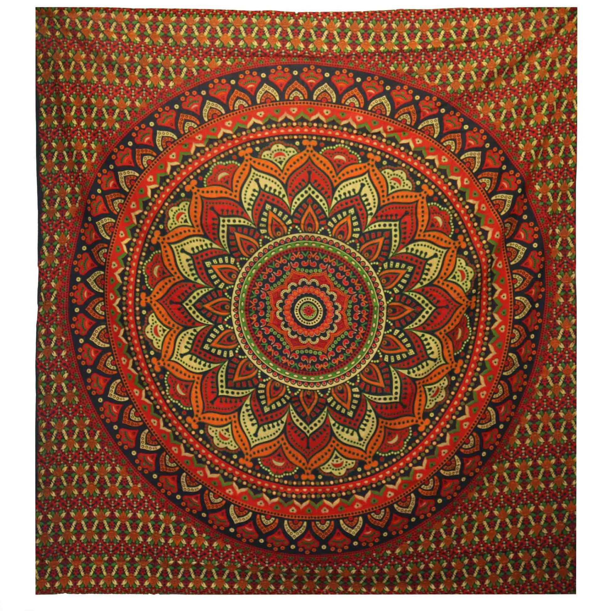 Step into a circle of calm with this Classic Mandala cotton bedspread in lush green — a sacred symbol of balance, growth, and renewal. Handwoven by skilled artisans in India, this 100% cotton textile holds the ancient geometry of the mandala, drawing energy inward to centre and ground your space.

Use it draped over your bed for nights of restful magic, or hang it behind your altar as a protective tapestry. The deep green hues invite connection to earth, spirit, and new beginnings — perfect for witches, hea
