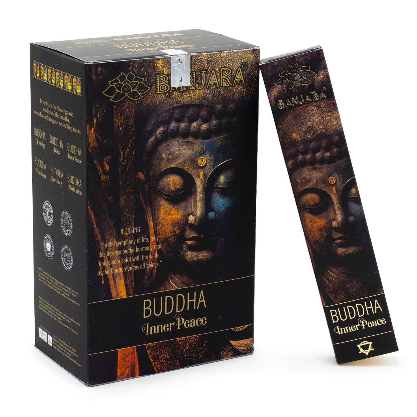 Handcrafted in India, Banjara Buddha – Inner Peace Incense offers a soothing, gently herbal fragrance created to quiet the mind and settle the spirit. Each pack contains around 12 natural incense sticks, releasing a soft, steady aroma that helps you drift into calm, centred stillness.

This harmonious blend is perfect for meditation, yoga, breathwork, evening unwinding, or any ritual where you seek emotional ease and inner balance. Its delicate scent reduces mental noise, relaxes the body, and transforms yo