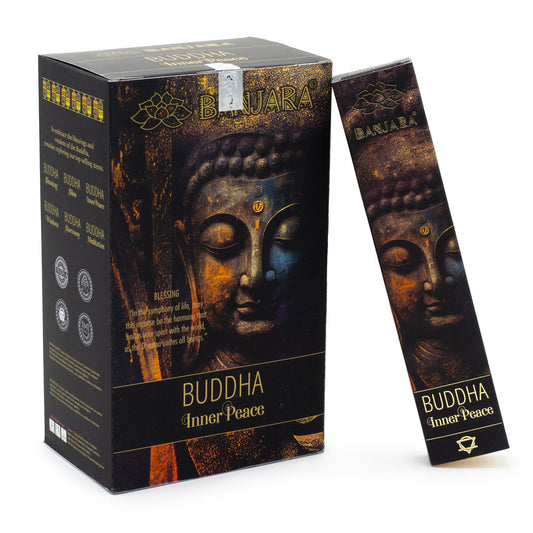Handcrafted in India, Banjara Buddha – Inner Peace Incense offers a soothing, gently herbal fragrance created to quiet the mind and settle the spirit. Each pack contains around 12 natural incense sticks, releasing a soft, steady aroma that helps you drift into calm, centred stillness.

This harmonious blend is perfect for meditation, yoga, breathwork, evening unwinding, or any ritual where you seek emotional ease and inner balance. Its delicate scent reduces mental noise, relaxes the body, and transforms yo
