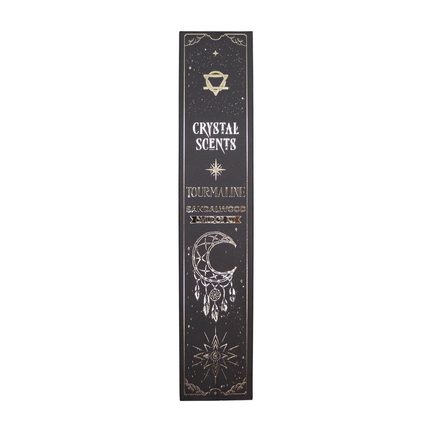 Call in warmth, grounding, and steady earth-magic with this Sandalwood Smudge Incense set, paired with natural tourmaline chipstones for deeper protection and energetic balance. Each stick is handcrafted in India using traditional smudge-style methods, creating a woody, comforting aroma that settles the spirit and softens the edges of your space.

Inside each celestial black sleeve—adorned with moon and dreamcatcher motifs—you’ll find ten smudge sticks (approx. 20 cm), wrapped in printed protective paper, a