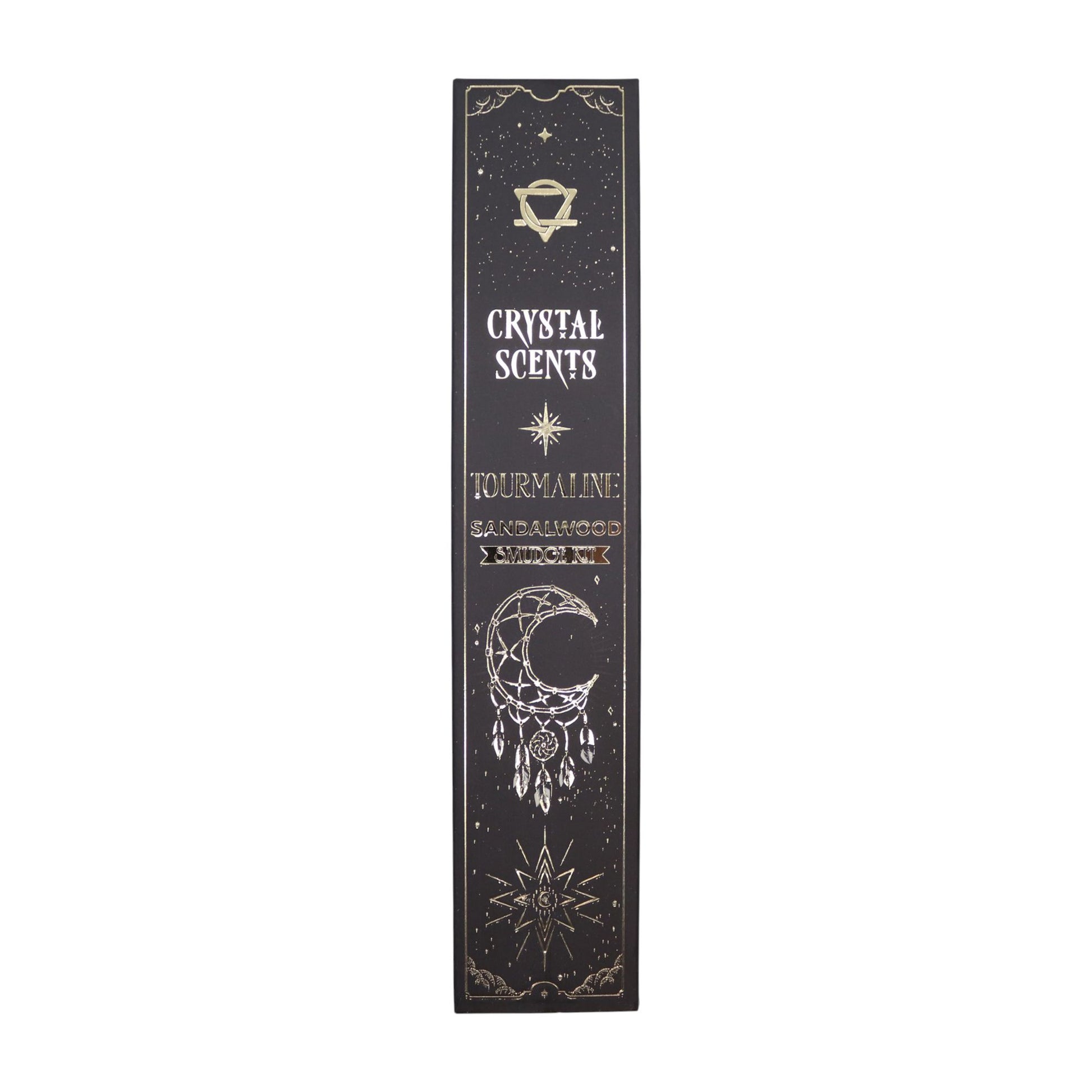 Call in warmth, grounding, and steady earth-magic with this Sandalwood Smudge Incense set, paired with natural tourmaline chipstones for deeper protection and energetic balance. Each stick is handcrafted in India using traditional smudge-style methods, creating a woody, comforting aroma that settles the spirit and softens the edges of your space.

Inside each celestial black sleeve—adorned with moon and dreamcatcher motifs—you’ll find ten smudge sticks (approx. 20 cm), wrapped in printed protective paper, a