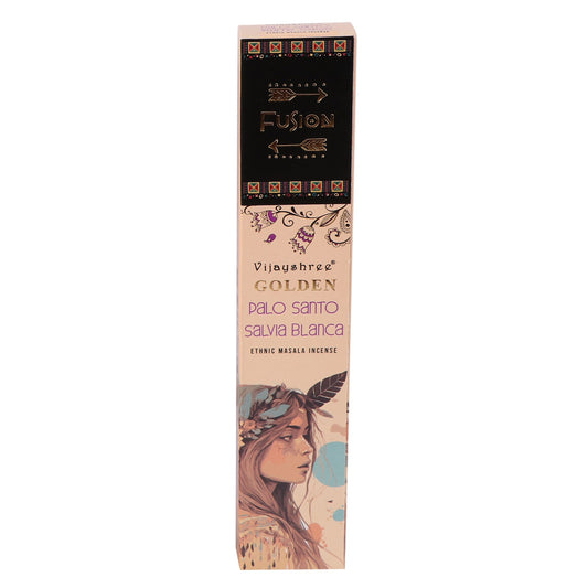 Cleanse the corners of your spirit and sanctuary with Vijayshree Golden Masala Incense – Palo Santo Fusion: White Sage. This handcrafted blend calls upon two sacred allies—Palo Santo, the "Holy Wood" of South America, and White Sage, the revered cleanser of the West. Together, they weave a fragrant veil that clears, calms, and consecrates.

Each stick is carefully rolled to ensure a smooth, even burn and an aroma that lingers like a blessing in the air. Whether you're preparing a sacred space, clearing stag
