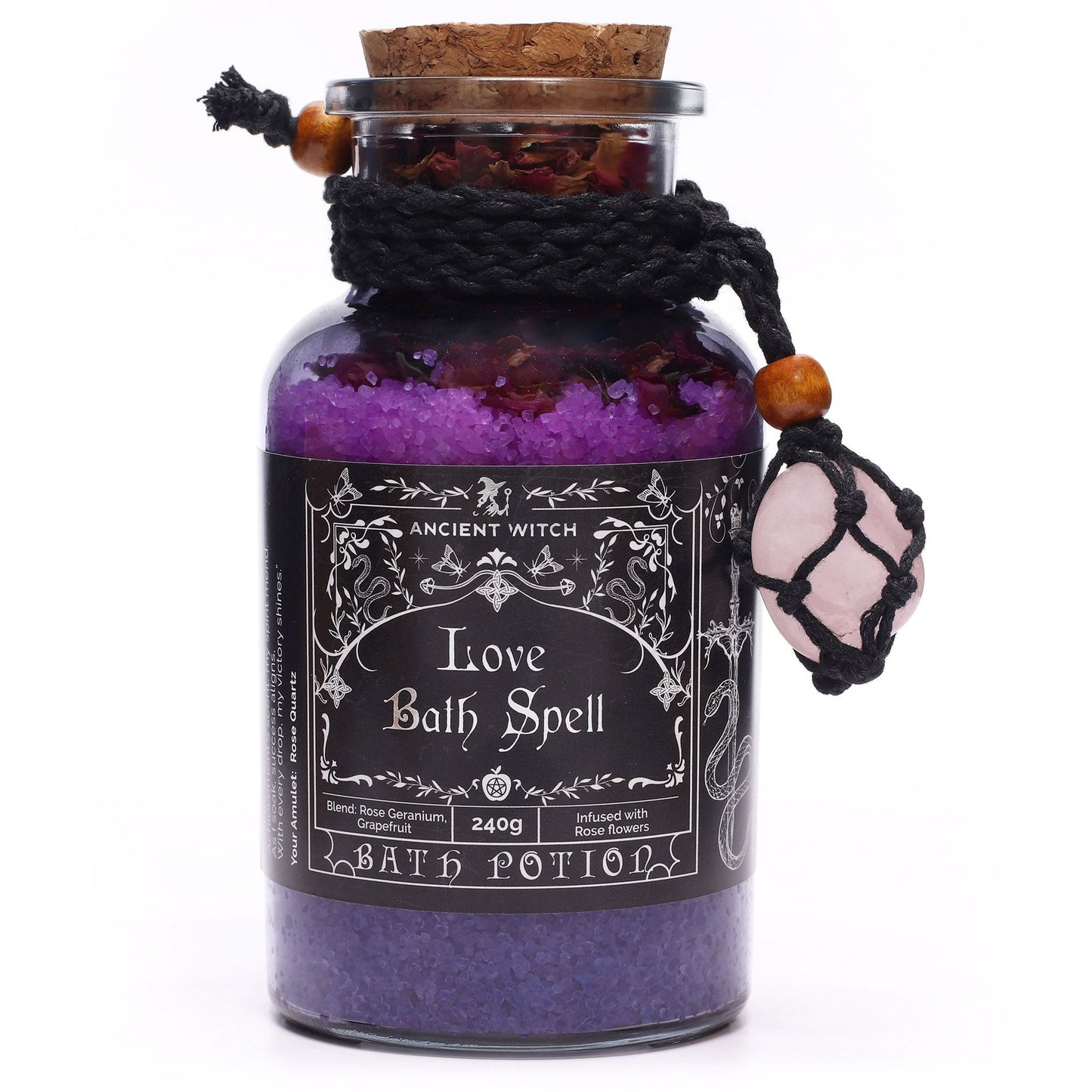 Awaken the gentle current of love and emotional renewal with the Ancient Witch Love Bath Spell Potion & Rose Quartz Crystal Amulet. Handcrafted with intention, this 240g potion blends Epsom salt, dried rose petals, and the sensual aroma of rose geranium and grapefruit essential oils to create a soothing ritual that nourishes both heart and spirit.

Each apothecary-style glass bottle is sealed with a natural cork and wrapped in a black cord necklace featuring a genuine Rose Quartz tumble stone — the sacred c