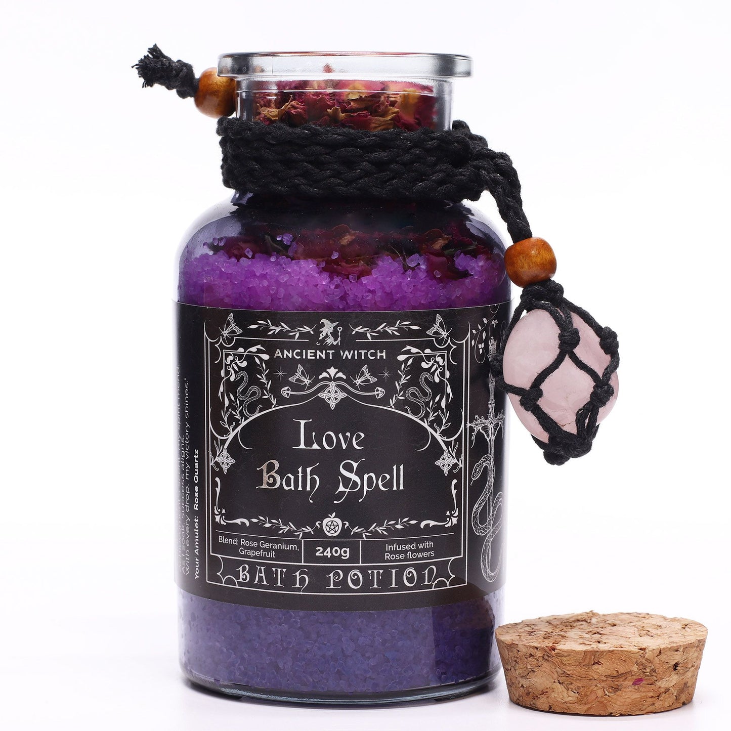 Ancient Witch Love Bath Spell Potion & Rose Quartz Crystal Amulet – Heart Healing Ritual
