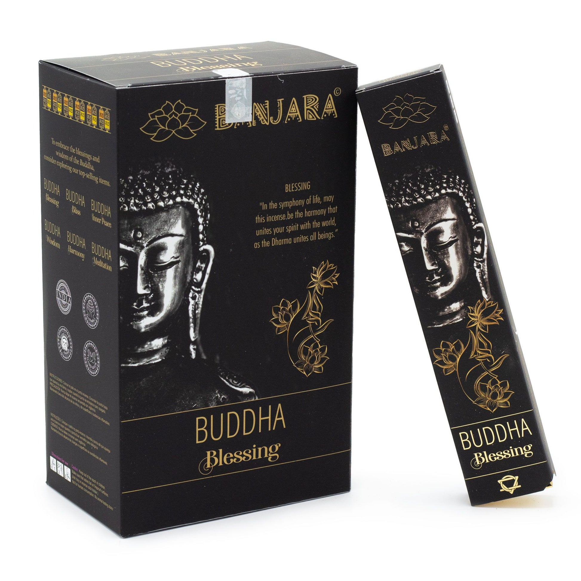 Handcrafted in India, Banjara Buddha – Blessing Incense offers a gentle yet uplifting herbal aroma created to invite protection, peace, and spiritual support into your space. Each pack contains around 12 natural incense sticks, releasing a soothing fragrance that feels like a quiet blessing carried on soft incense smoke.

This blend is ideal for cleansing rituals, morning intention-setting, meditation, or moments when you seek comfort or reassurance. Its subtle herbal notes help calm the mind and steady the