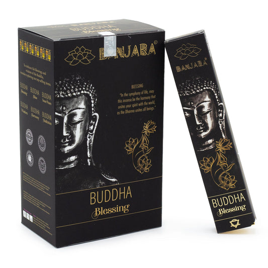 Handcrafted in India, Banjara Buddha – Blessing Incense offers a gentle yet uplifting herbal aroma created to invite protection, peace, and spiritual support into your space. Each pack contains around 12 natural incense sticks, releasing a soothing fragrance that feels like a quiet blessing carried on soft incense smoke.

This blend is ideal for cleansing rituals, morning intention-setting, meditation, or moments when you seek comfort or reassurance. Its subtle herbal notes help calm the mind and steady the