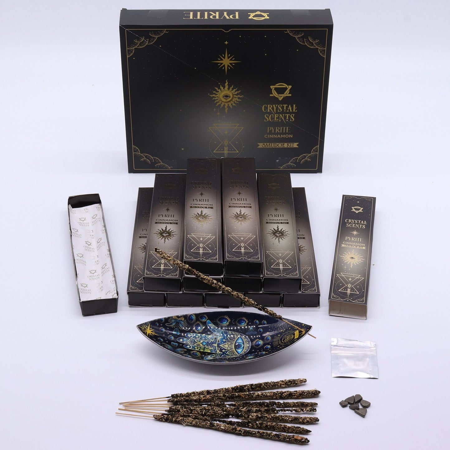 Cinnamon Smudge Incense with Pyrite – Warm Spiced Ritual Cleansing Set