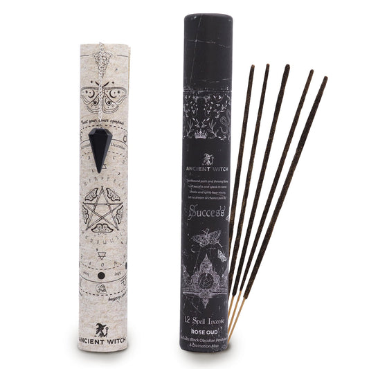 Ignite purpose, clarity, and forward momentum with this Success Spell Incense, a ritual set crafted to support intention-setting, manifestation, and meaningful focus. Each tube includes 12 natural incense sticks, releasing a bold rose–oud fragrance—deep, resinous, and perfect for summoning fire, discipline, and determination.

Inside the set you’ll also find a Black Obsidian pendulum, a stone traditionally linked to grounding, confidence, and protective strength. Paired with the included divination map, it 