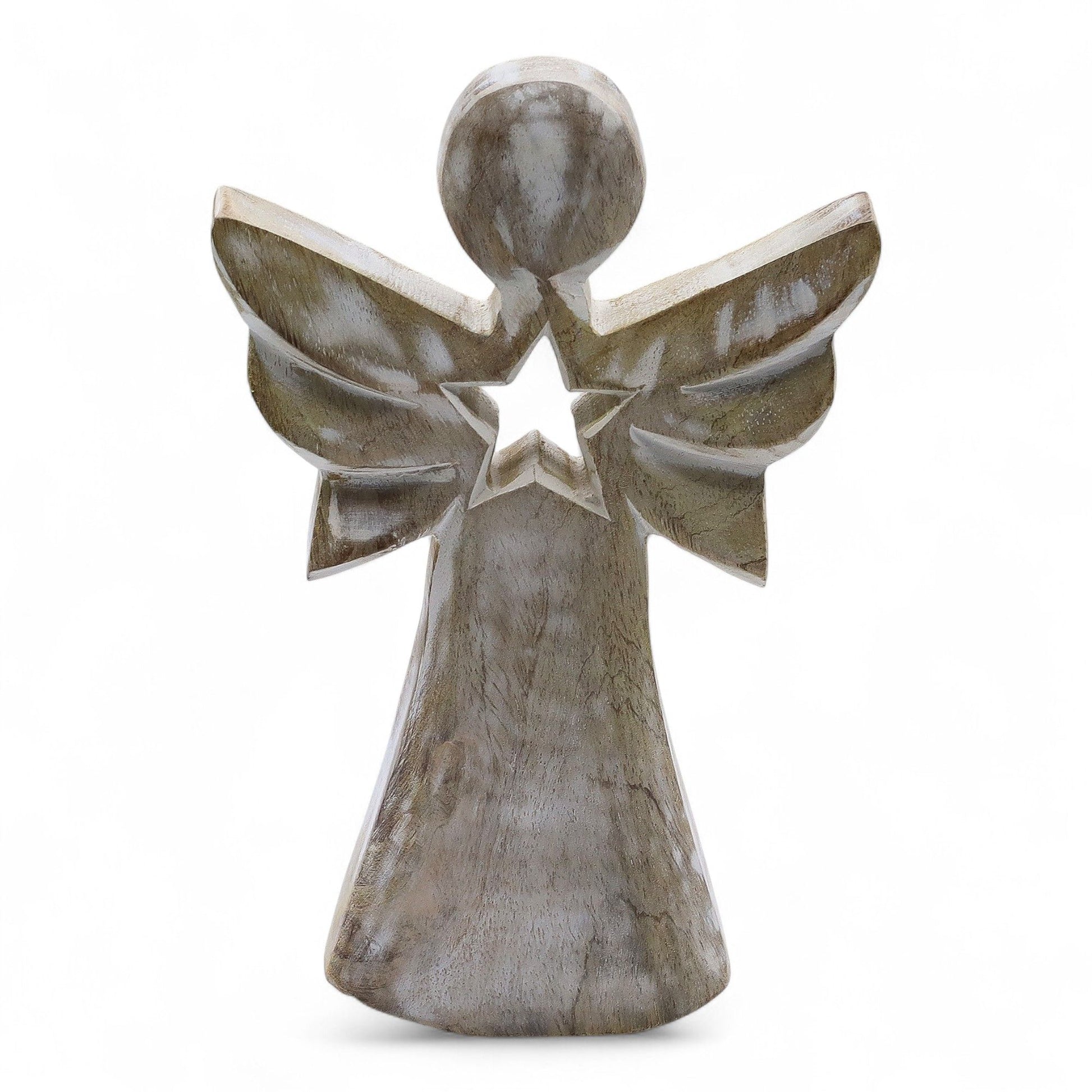 From the celestial artisans of thewitchesgarden, this Mango Wood Angel is a gentle symbol of light, hope, and divine guidance. Hand-carved from sustainable mango wood and finished in a soft whitewash patina, it carries a peaceful, rustic charm that brings warmth and serenity to any space.

At its centre glows a star-shaped cut-out, representing the eternal light that guides and protects. Standing 18cm tall, this angel is perfect as a heartfelt gift, a comforting reminder of faith, or a soothing accent for y