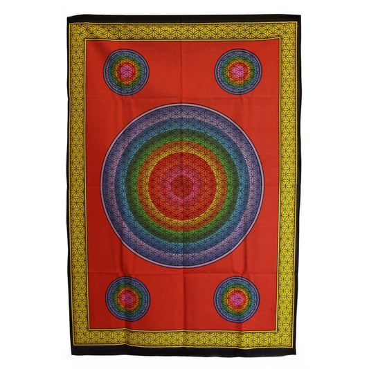 Channel harmony, unity, and cosmic alignment into your sacred space with this Five Flower of Life Cotton Wall Art, a beautifully detailed tapestry featuring five interconnected Flower of Life symbols. Each geometric pattern radiates balance and universal wisdom, creating a powerful visual representation of creation, interconnectedness, and spiritual awakening.

Handmade in India and sized at 70 x 110 cm, this lightweight cotton hanging is easy to display and perfect for meditation rooms, yoga studios, heali