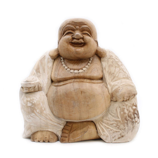 The laughter of the Buddha is the echo of joy, a reminder that contentment is the greatest treasure.

This 30cm Happy Buddha statue is hand-carved from suar wood and finished with a soft whitewash effect, giving it an antique, timeless appearance. The pale tones highlight the rounded form, joyous smile, and flowing robes, capturing the playful spirit of this beloved figure.

Known as Budai in Chinese folklore and often called the Laughing Buddha, he is not the historical Buddha but a wandering monk whose ch