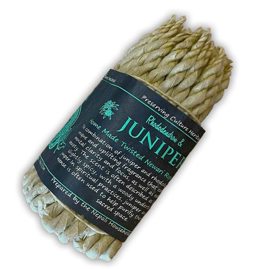 This aromatic masterpiece blends the floral elegance of rhododendron with the refreshing, revitalising notes of juniper, capturing the serene essence of high-altitude forests. Perfect for meditation, relaxation, or creating a tranquil atmosphere, each hand-rolled rope burns for approximately 15 minutes, filling your space with a harmonious and uplifting fragrance.

Length: approx. 11 cm

Weight: approx. 11 g

Burning Time: 15 minutes

Experience the peaceful ambience of mountain forests, where floral and wo