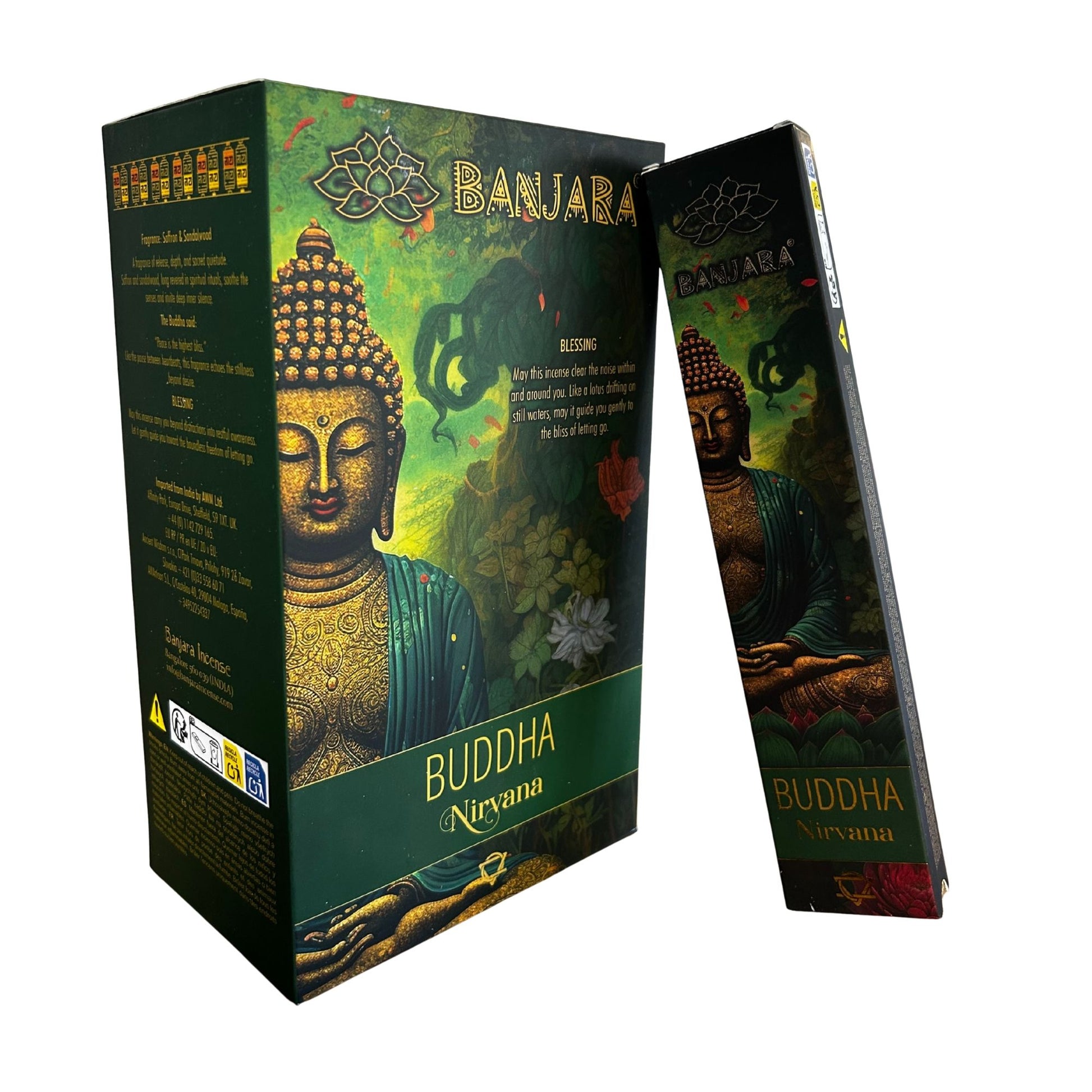 Created to inspire peace, deep reflection, and a sense of spiritual fulfilment, Banjara Buddha – Nirvana Incense transforms your space into a sanctuary of calm and inner balance. Handcrafted in India from natural ingredients, each stick burns slowly, releasing a rich, grounding aroma that lingers beautifully in any room.

This soothing blend is ideal for meditation, yoga, breathwork, journaling, altar work, or simply unwinding after a long day. Its steady, centred fragrance helps quiet the mind, settle the 