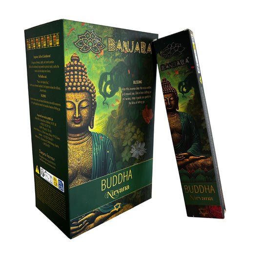 Created to inspire peace, deep reflection, and a sense of spiritual fulfilment, Banjara Buddha – Nirvana Incense transforms your space into a sanctuary of calm and inner balance. Handcrafted in India from natural ingredients, each stick burns slowly, releasing a rich, grounding aroma that lingers beautifully in any room.

This soothing blend is ideal for meditation, yoga, breathwork, journaling, altar work, or simply unwinding after a long day. Its steady, centred fragrance helps quiet the mind, settle the 