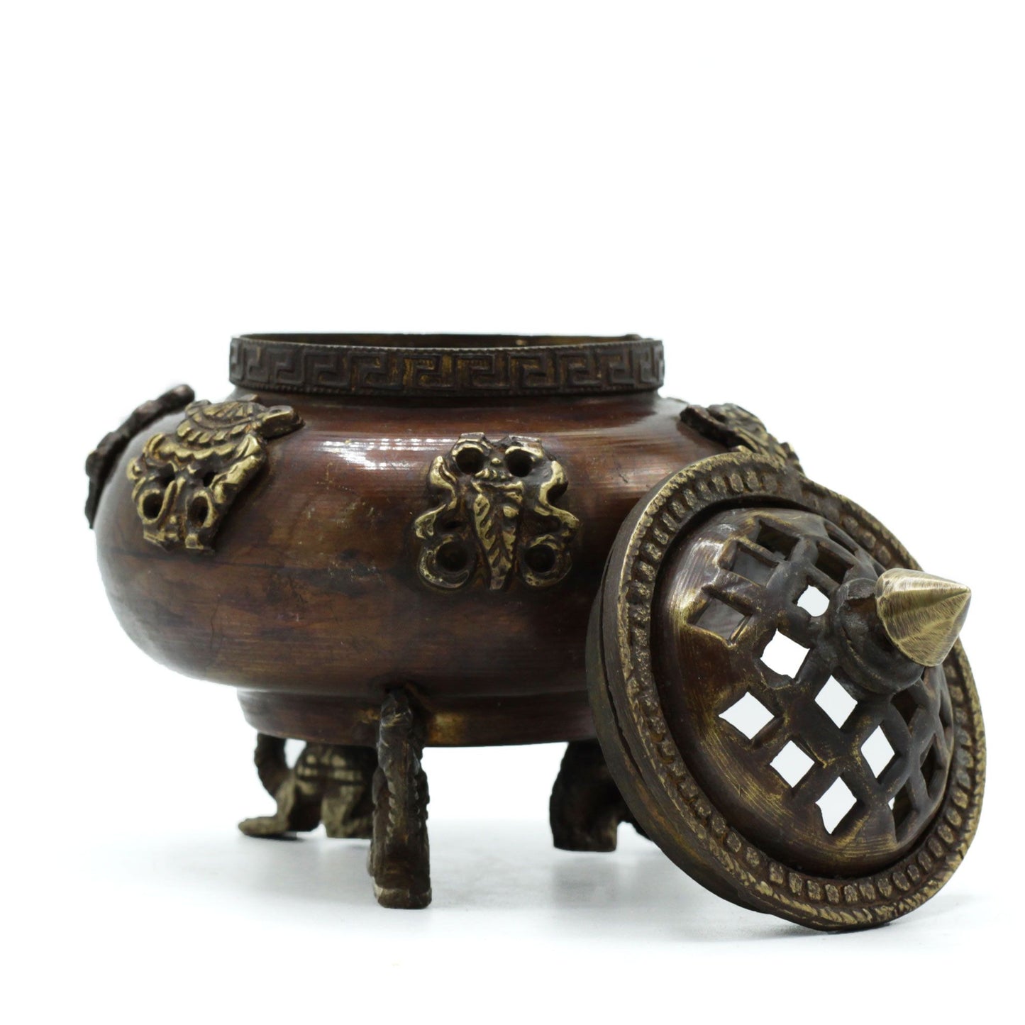 Brass Tibetan Incense Burner – Six Symbols Standing Pot