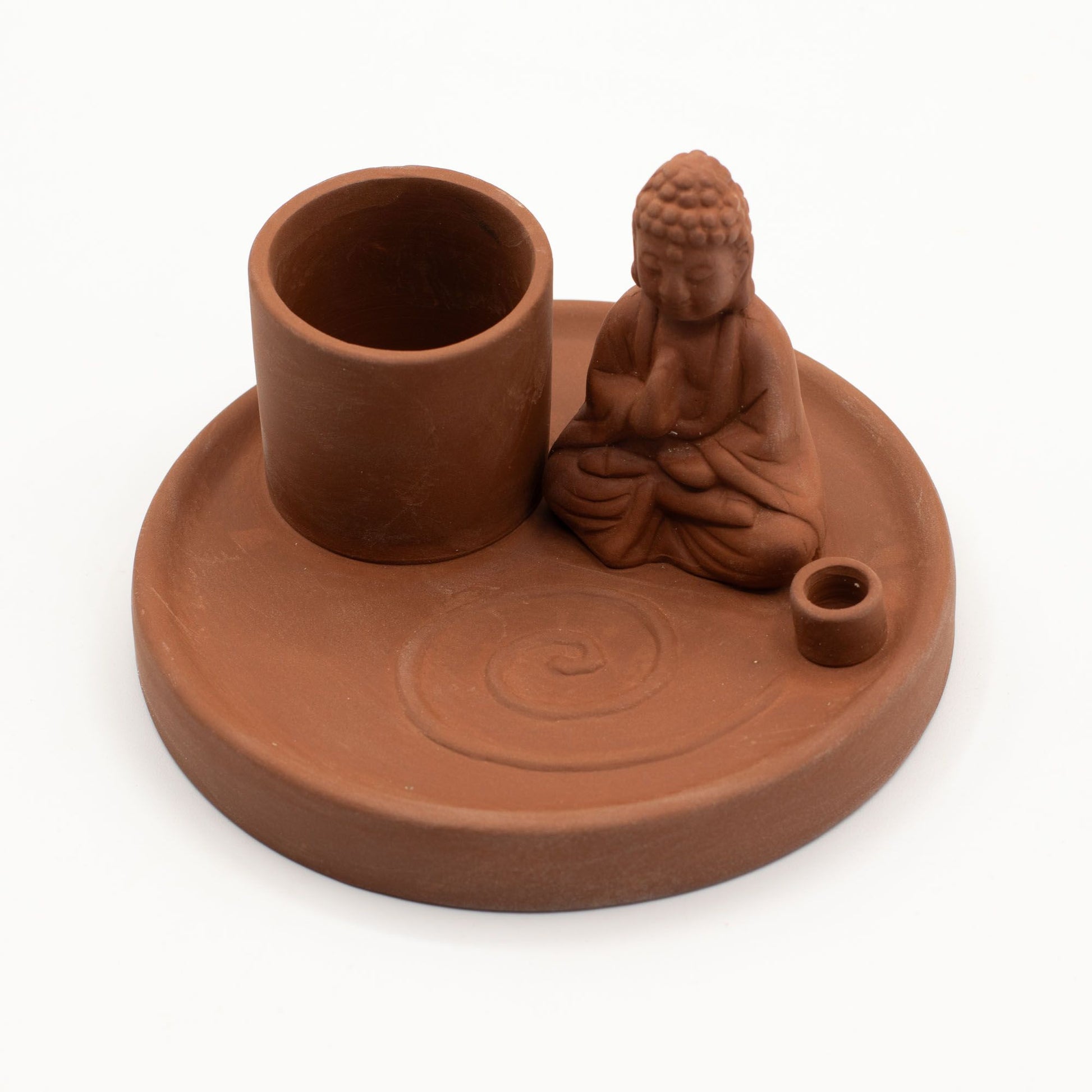 Terracotta-style Buddha incense plate with holders for sticks and cones. Perfect for meditation, mindfulness, home rituals, or spiritual décor.