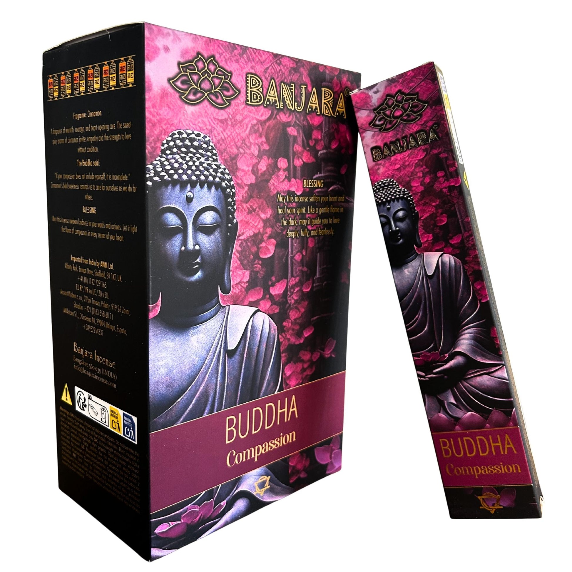 Handcrafted in India, Banjara Buddha – Compassion Incense carries a soft, comforting herbal fragrance created to open the heart, ease emotional tension, and invite warmth into your space. Each pack contains around 12 natural incense sticks, releasing a soothing aroma that encourages empathy, healing, and gentle understanding.

This tender blend is perfect for meditation, relaxation, energy healing, journaling, or any ritual focused on emotional balance and heart-centred intention. Its subtle fragrance helps