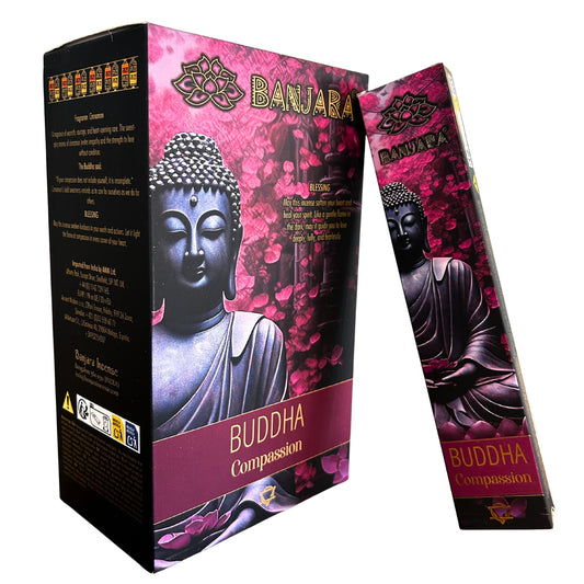 Handcrafted in India, Banjara Buddha – Compassion Incense carries a soft, comforting herbal fragrance created to open the heart, ease emotional tension, and invite warmth into your space. Each pack contains around 12 natural incense sticks, releasing a soothing aroma that encourages empathy, healing, and gentle understanding.

This tender blend is perfect for meditation, relaxation, energy healing, journaling, or any ritual focused on emotional balance and heart-centred intention. Its subtle fragrance helps