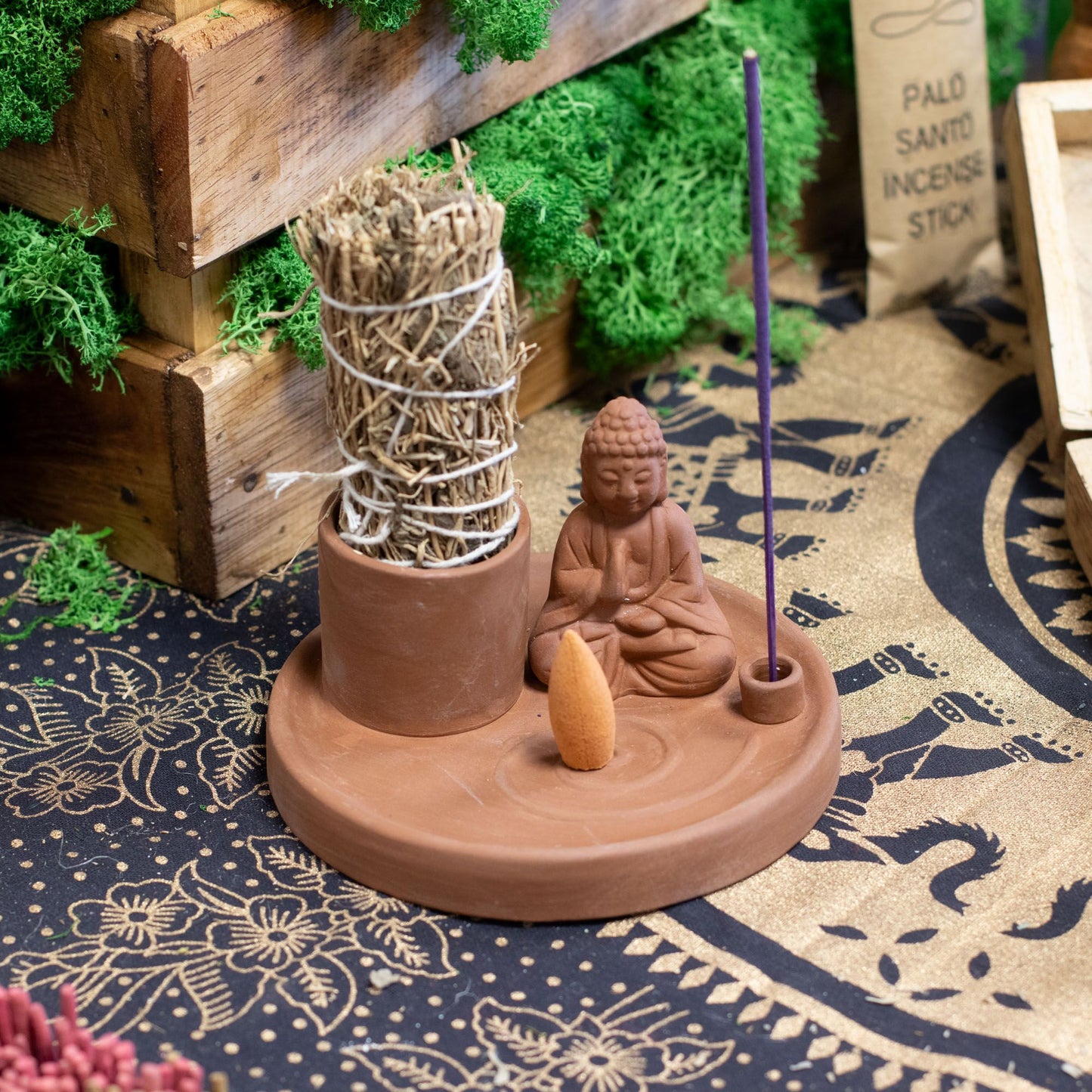 Terracotta-style Buddha incense plate with holders for sticks and cones. Perfect for meditation, mindfulness, home rituals, or spiritual décor.