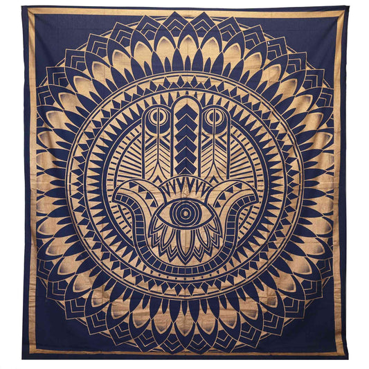 Guard your space with ancient symbols and royal tones.
This Blue & Gold Hamsa cotton bedspread radiates protective energy and mystical elegance. The sacred Hamsa hand – a timeless talisman against negativity – is printed in gold on a rich blue backdrop, invoking clarity, peace, and spiritual strength.

Handmade in India using 100% natural cotton, this versatile textile can be used as a bedspread, wall hanging, or altar backdrop. The vibrant mandala-style detailing adds layers of harmony and divine focus to 