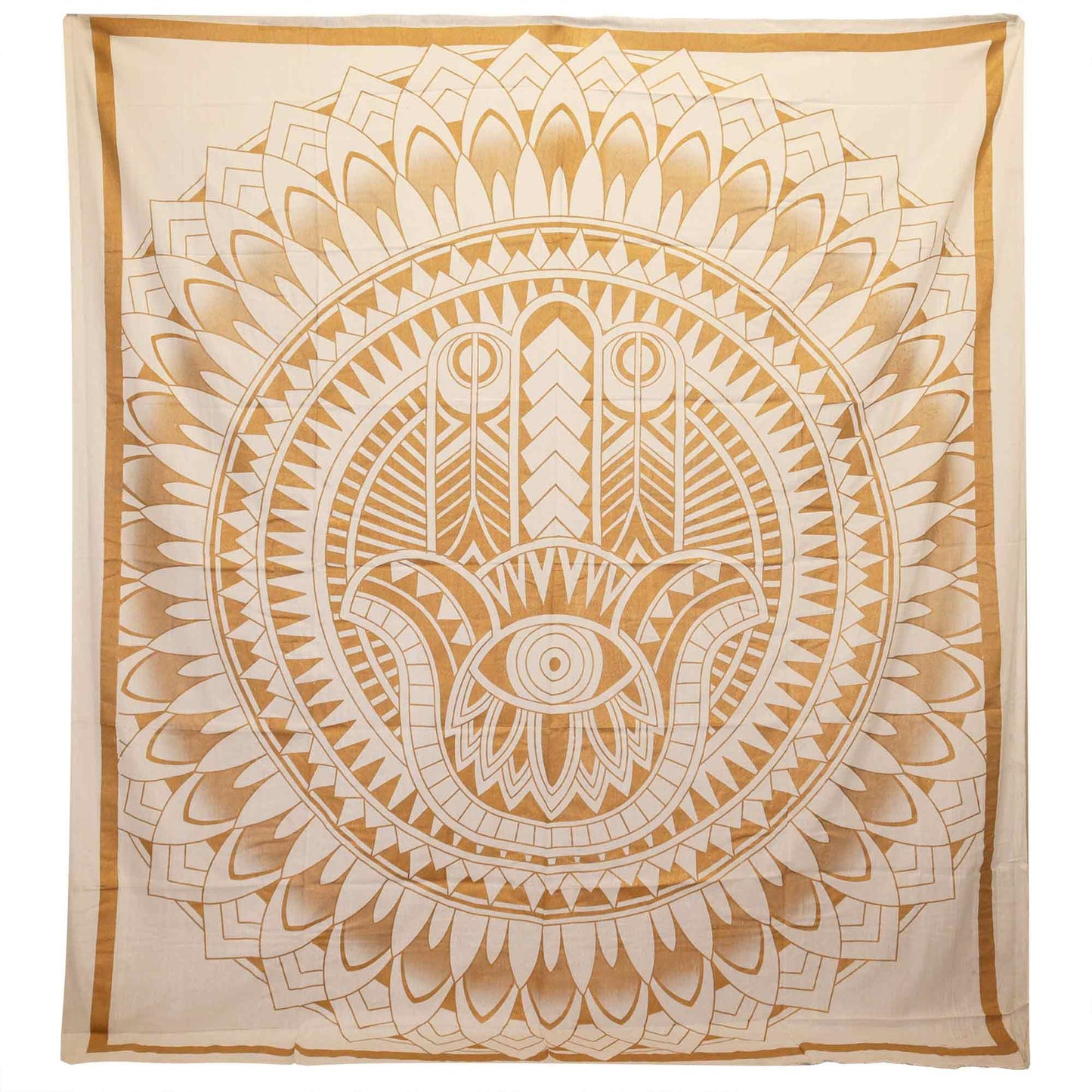 Guard your space with grace and golden light.
This Hamsa cotton bedspread in radiant white and shimmering gold is more than just a textile – it’s a charm of protection, handcrafted from 100% cotton in the heart of India.

The Hamsa, ancient symbol of divine shielding and spiritual power, stands at the centre of this stunning design. Whether used as a sacred wall hanging or a luxurious bedspread, it wards off negativity and invites peace into your sanctuary.

Perfect for bedrooms, altars, and ritual spaces, 