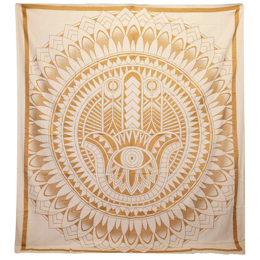 Guard your space with grace and golden light.
This Hamsa cotton bedspread in radiant white and shimmering gold is more than just a textile – it’s a charm of protection, handcrafted from 100% cotton in the heart of India.

The Hamsa, ancient symbol of divine shielding and spiritual power, stands at the centre of this stunning design. Whether used as a sacred wall hanging or a luxurious bedspread, it wards off negativity and invites peace into your sanctuary.

Perfect for bedrooms, altars, and ritual spaces, 